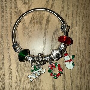 Festive Silver Charm Bracelet with Red and Green Accents